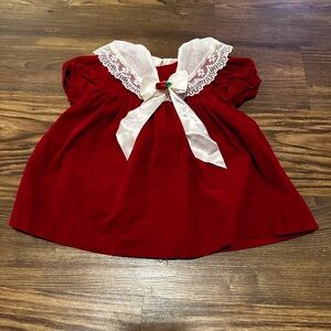 Vintage Jo Lene Red Velvet Baby Dress 12M USA Lace Collar Satin Bow